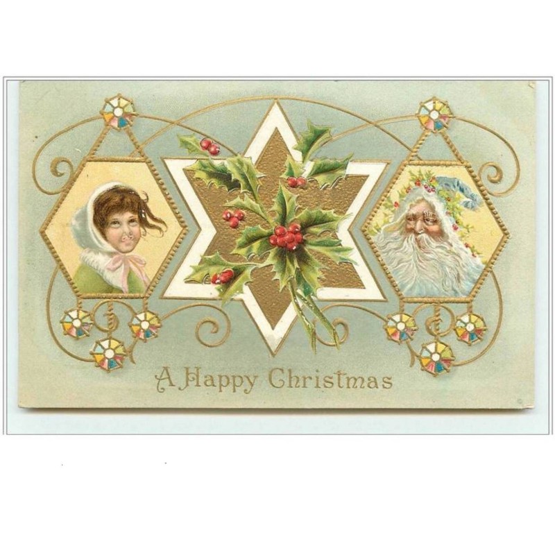 n°3477 - Carte Gaufree - A Happy Christmas - Père Noel et visage d'enfant