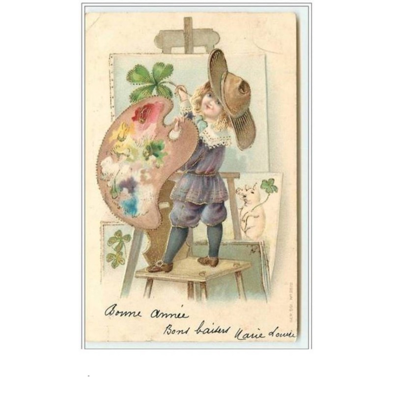 n°3483 - Carte Gaufree - Enfant peignant un trèfle - cochon