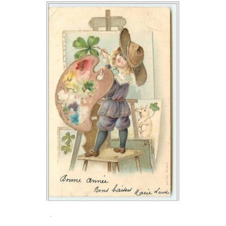 n°3483 - Carte Gaufree - Enfant peignant un trèfle - cochon