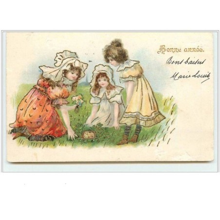 n°3485 - Carte Gaufree - Bonne Annee - Fillettes ramassant des fleurs