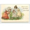 n°3485 - Carte Gaufree - Bonne Annee - Fillettes ramassant des fleurs