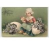 n°3487 - Carte Gaufree - Joyeuses Paques - Fillette hollandaise et oeufs avec des fleurs