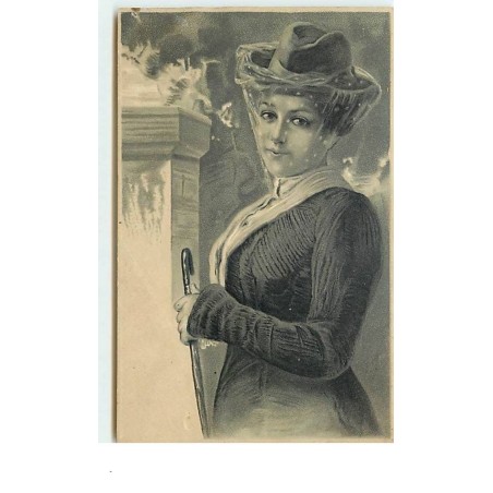 n°3495 - Carte Gaufree - Femme avec un chapeau et une canne