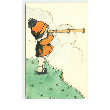 n°3499 - Carte peinte à la main - Fillette regardant à la longue vue