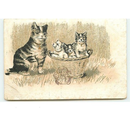 n°3528 - Chat avec ses chatons dans un panier