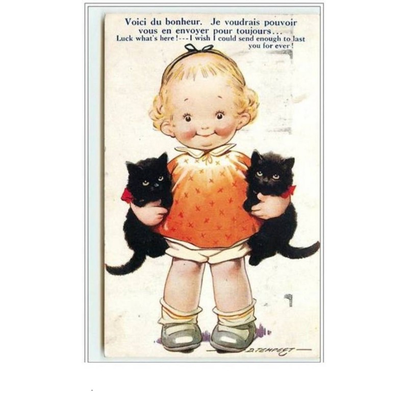 n°3537 - D. Tempest - Fillette avec deux chats noirs