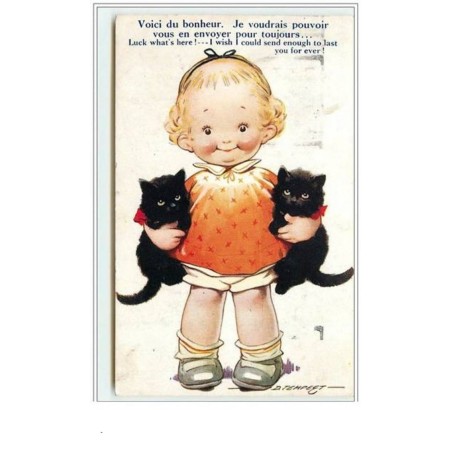 n°3537 - D. Tempest - Fillette avec deux chats noirs