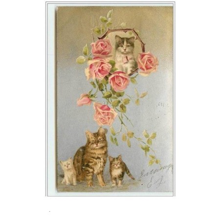 n°3541 - Fond argent - Chats et roses