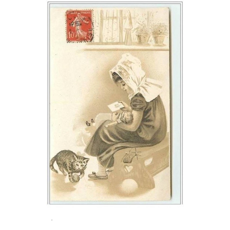 n°3548 - Fillette avec sa poupée et son chat - Publicité chicorées Docteur Lervilles Bouchain