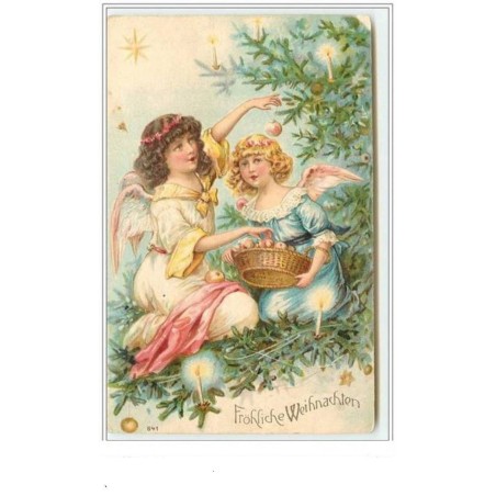 n°3584 - Carte Gaufree - Frohliche Weihnachten - 2 anges agenouillés devant un sapin