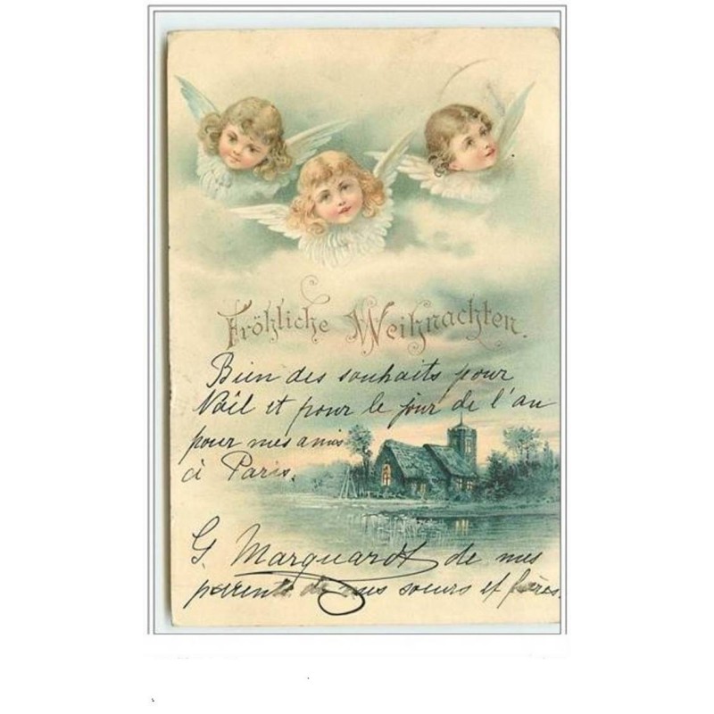 n°3588 - Frohliche Weihnachten - 3 tetes d'anges au dessu sd'une maison