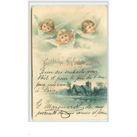 n°3588 - Frohliche Weihnachten - 3 tetes d'anges au dessu sd'une maison