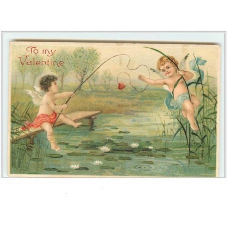 n°3619 - Carte Gaufree - To my Valentine - Angelots à la pêche