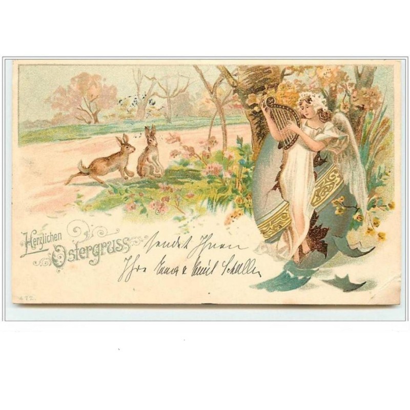 n°3620 - Herzlichen Ostergruss - Ange avec une lyre et lapins