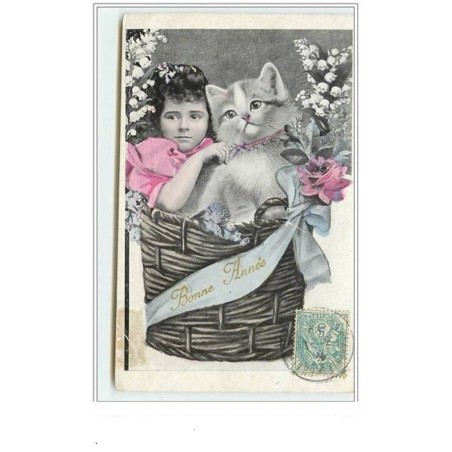 n°3640 - Bonne Annee - Filette avec un chat dan sun panier