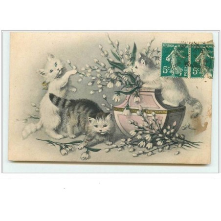 n°3647 - Chats jouant autour d'un vase