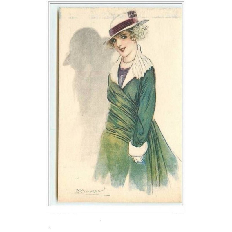 n°3653 - Mauzan - 202-5 - Femme en vert  chapeau blanc