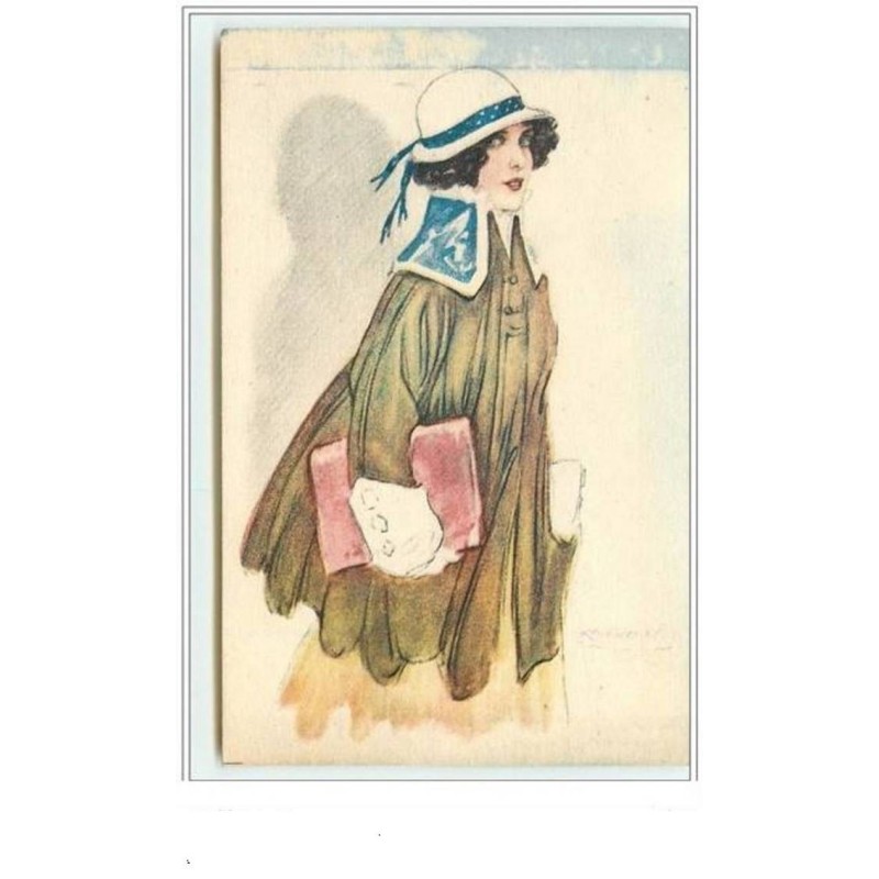n°3654 - Mauzan - 202-6 - Femme en marron  chapeau blanc