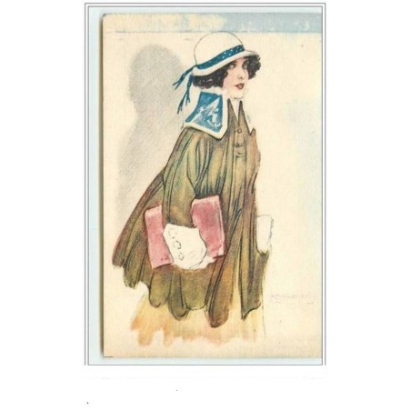 n°3654 - Mauzan - 202-6 - Femme en marron  chapeau blanc