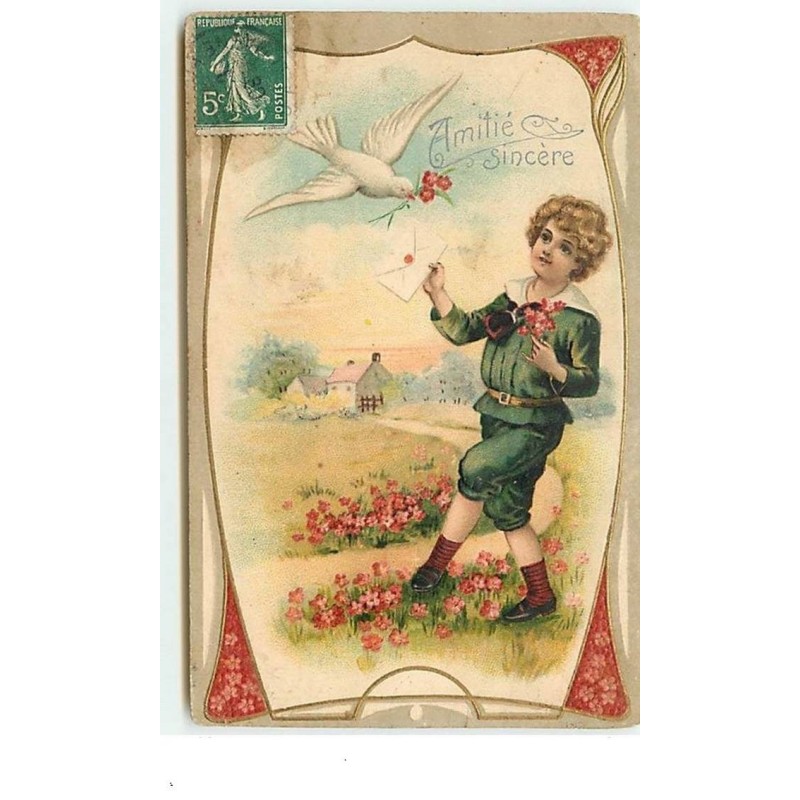 n°3689 - Carte Gaufrée - Amitié Sincère - Garçon montrant une lettre à une colombe