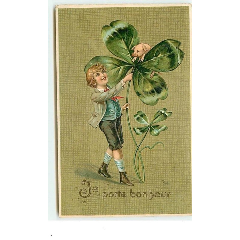 n°3690 - Carte Gaufrée - Je porte bonheur - Garçon, trèfle et cochon
