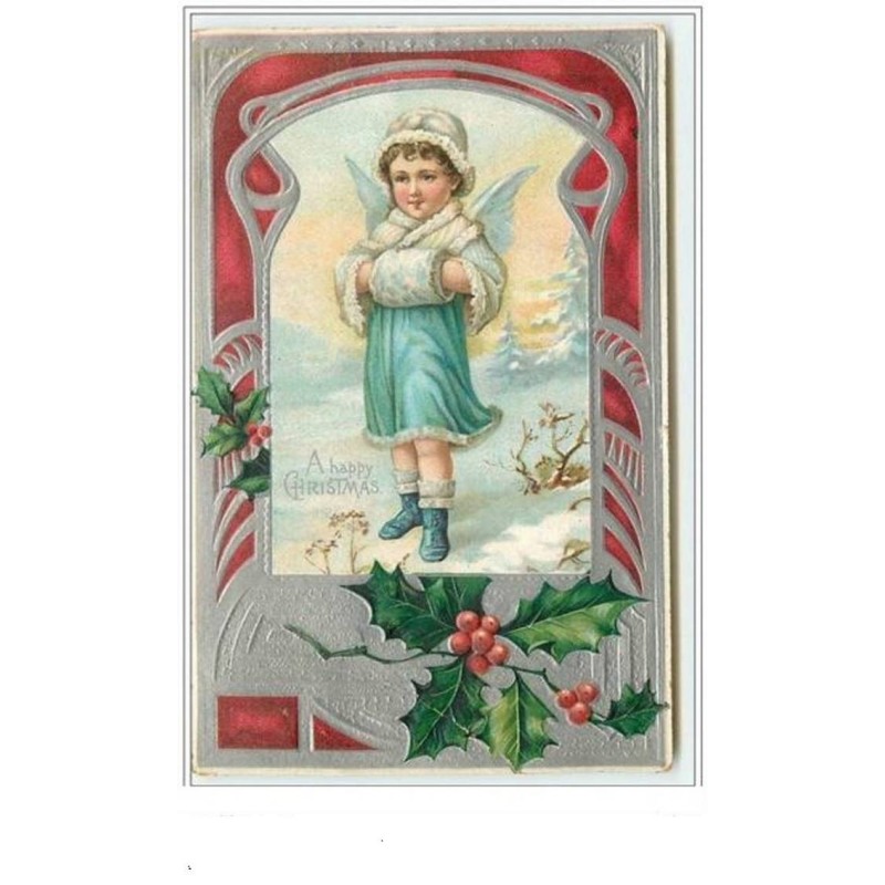 n°3695 - Carte Gaufrée - A Happy Christmas - Ange avec un manchon - Fond argent