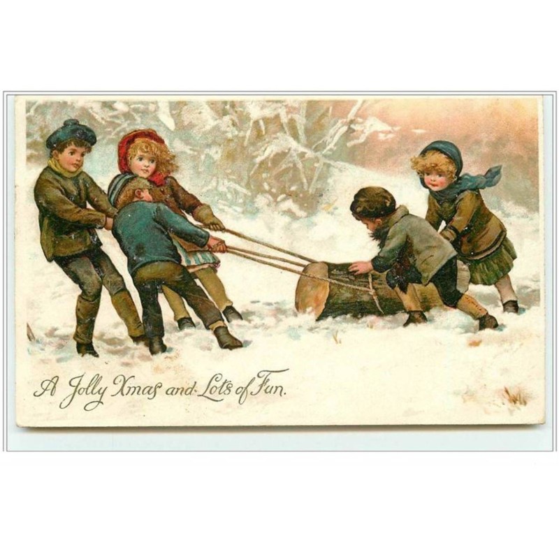 n°3698 - A Jolly Christmas and lots of fun - Enfants tirant un tronc d'arbre