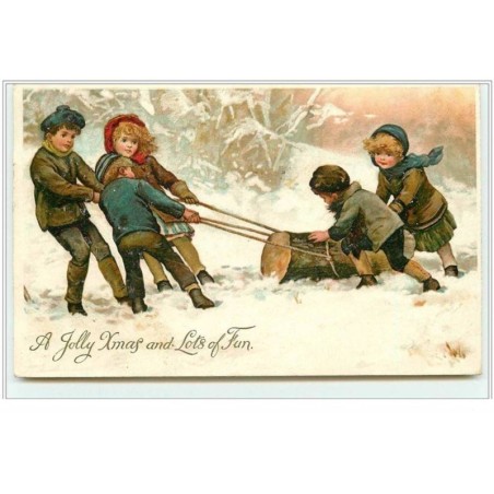 n°3698 - A Jolly Christmas and lots of fun - Enfants tirant un tronc d'arbre