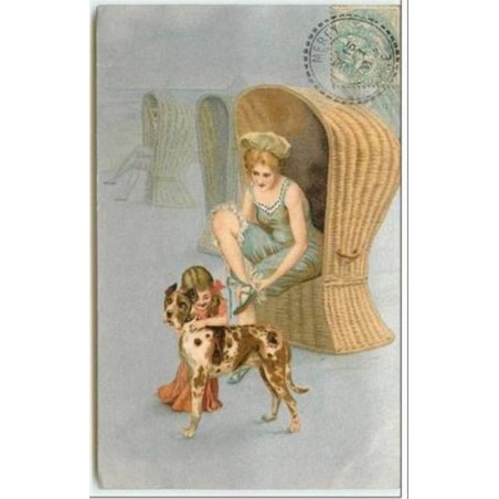 n°3712 - Scène de bord de mer - Baigneuse assise et fillette avec son chien - fond argent