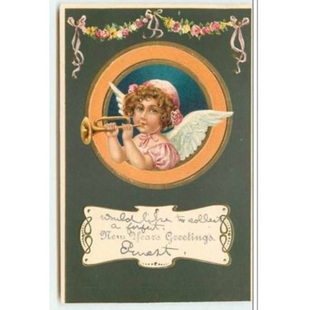 n°3743 - Carte Gaufrée - New Years Greetings - Angelot jouant de la trompette dans un médaillon