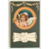 n°3743 - Carte Gaufrée - New Years Greetings - Angelot jouant de la trompette dans un médaillon