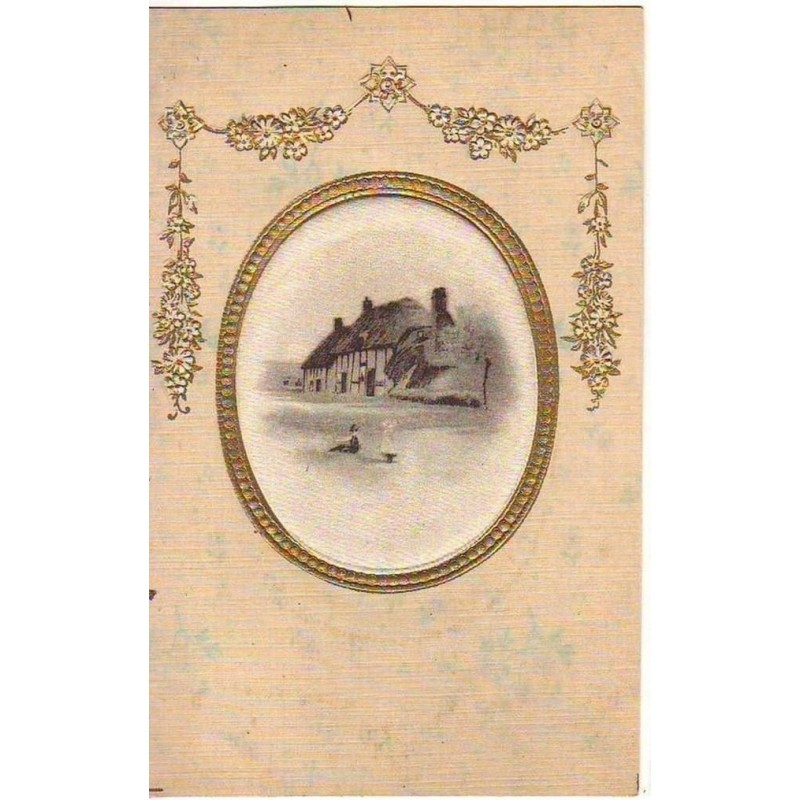 n°12051 - Carte Brodée Tissée Soie - Maison dans un médaillon