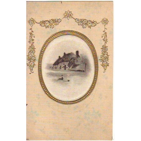 n°12051 - Carte Brodée Tissée Soie - Maison dans un médaillon