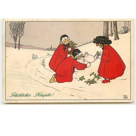 n°12057 - MM Vienne n°468 - Pauli Ebner - Glückliches Neujahr ! - Fillettes dessinant un cochon dans la neige
