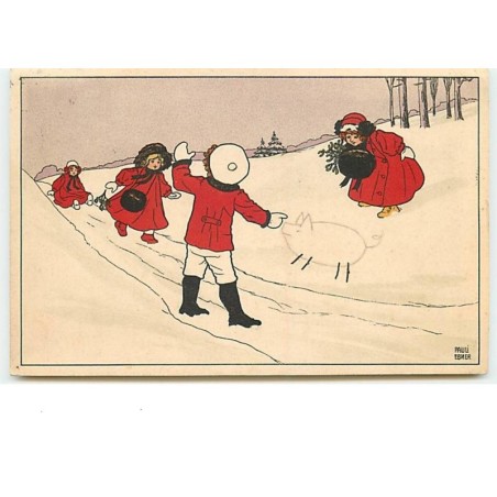 n°12058 - MM Vienne n°468 - Pauli Ebner -Enfants regardant un cochon dessiné dans la neige
