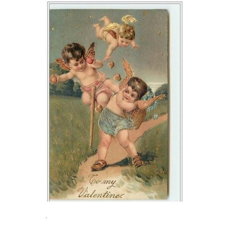 n°3892 - Carte Gaufrée - To my Valentine - Bataille de coeurs entre angelots