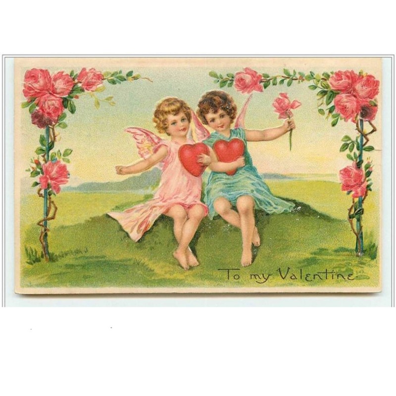 n°3893 - Carte Gaufrée - To my Valentine - Angelots assis avec des coeurs