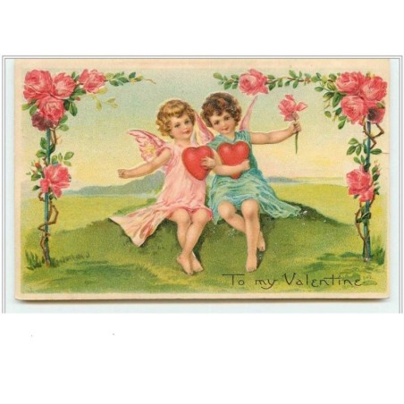 n°3893 - Carte Gaufrée - To my Valentine - Angelots assis avec des coeurs