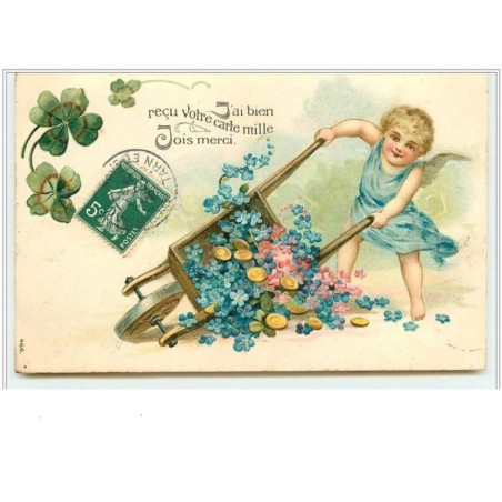 n°3900 - Carte Gaufrée - J'ai bien reçu votre carte, mille fois merci - Angelot avec un brouette de pièces d'or