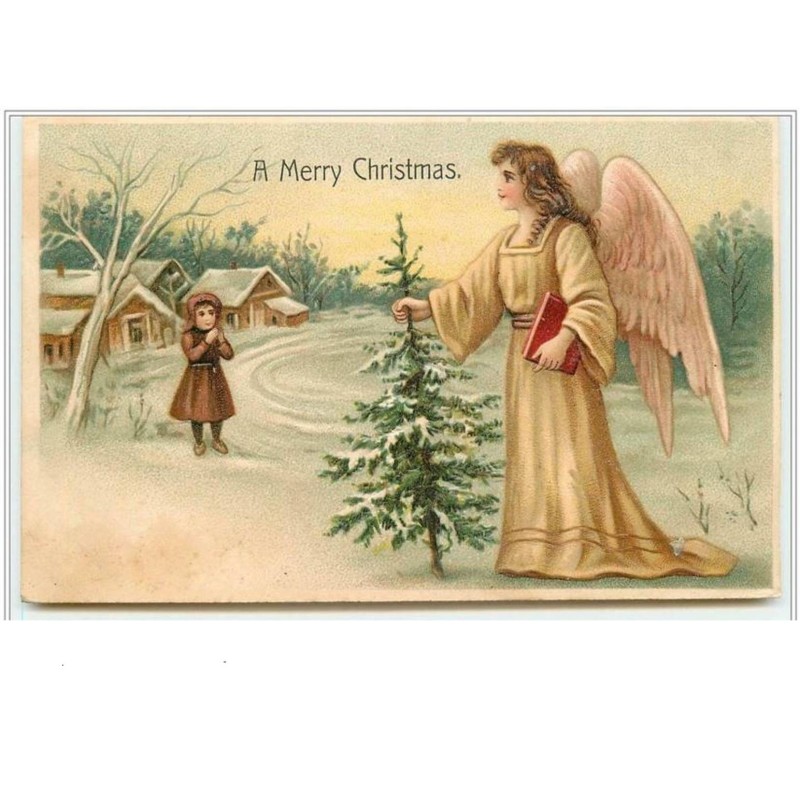 n°3949 - Carte Gaufrée - A Merry Christmas - Ange avec un sapin, fillette