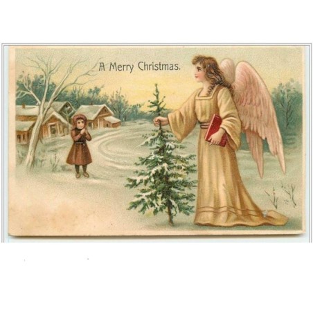n°3949 - Carte Gaufrée - A Merry Christmas - Ange avec un sapin, fillette