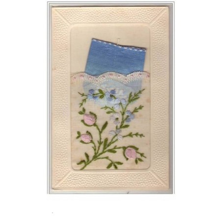 n°395 - Carte Brodée - Fleurs et pochette bleue