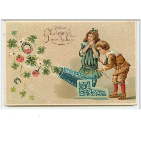 n°3979 - Carte Gaufrée - Herzlichen Glückwunsch zum neuen Jahre - Enfants allumant un canon à porte bonheur