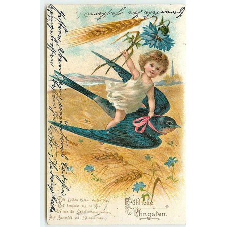 n°4042 - Fröhliche Pfingsten - Fillette volant sur une hirondelle