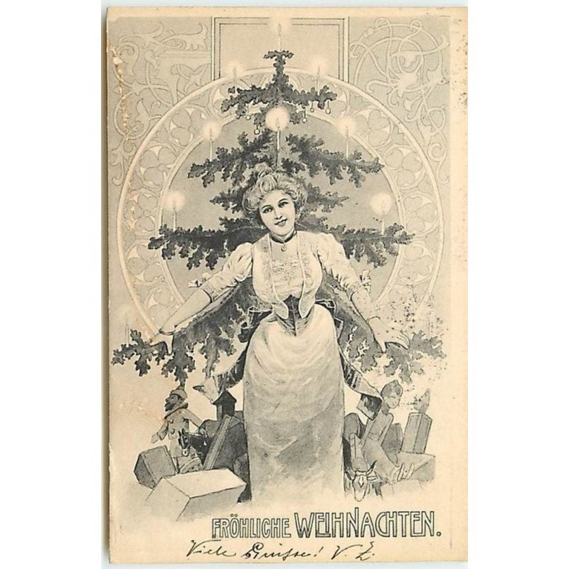 n°12073 - Fröhliche Weihnachten - Jeune Femme devant un sapin