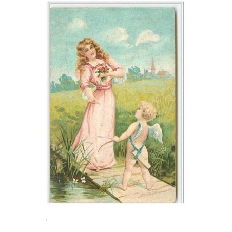 n°4078 - Femme et ange sur un petit pont de bois