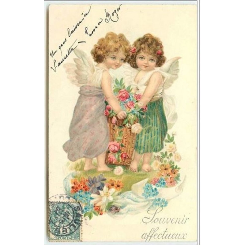 n°4081 - Carte Gaufrée - Souvenir affectueux - Couple d'angelots avec une hotte de fleurs