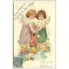 n°4081 - Carte Gaufrée - Souvenir affectueux - Couple d'angelots avec une hotte de fleurs