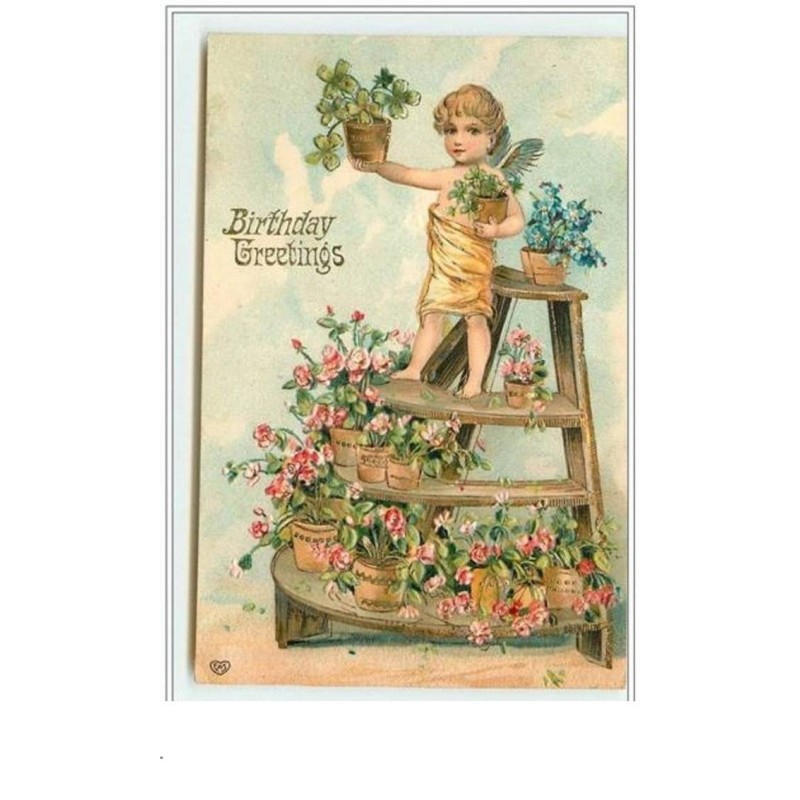 n°4086 - Carte Gaufrée - Birthday Greetings - Angelot avec des pots de trèfles à quatre feuilles