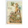 n°4086 - Carte Gaufrée - Birthday Greetings - Angelot avec des pots de trèfles à quatre feuilles